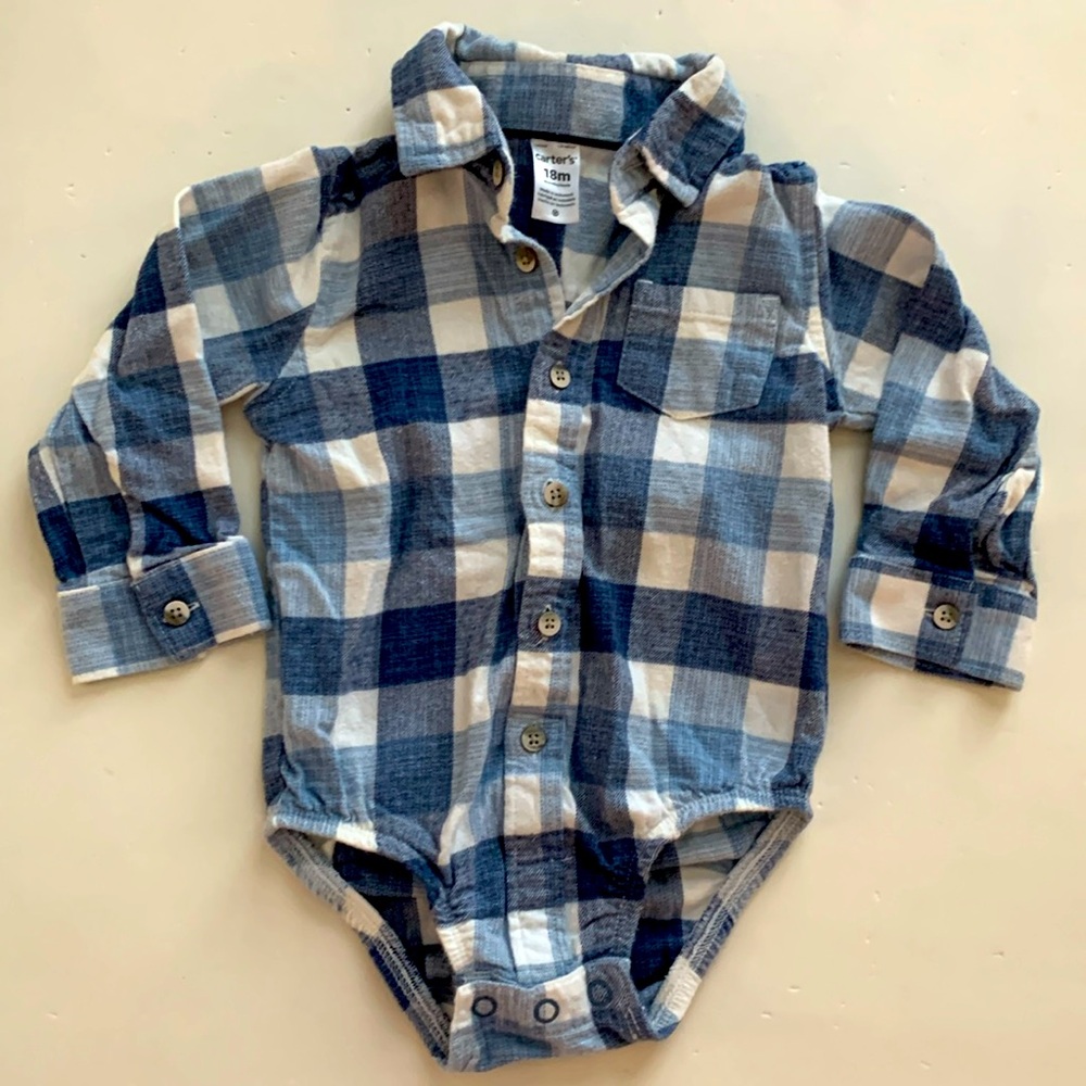 Carter’s Boy Blue and White Plaid Button Down Boys Bodysuit 18 months